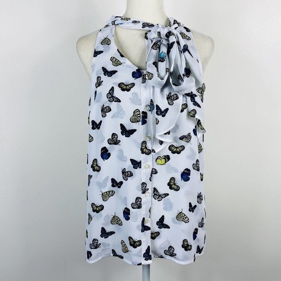 Worthington Size Small Petite Butterfly Print Tie Neck Sleeveless Blouse Top - Picture 1 of 4